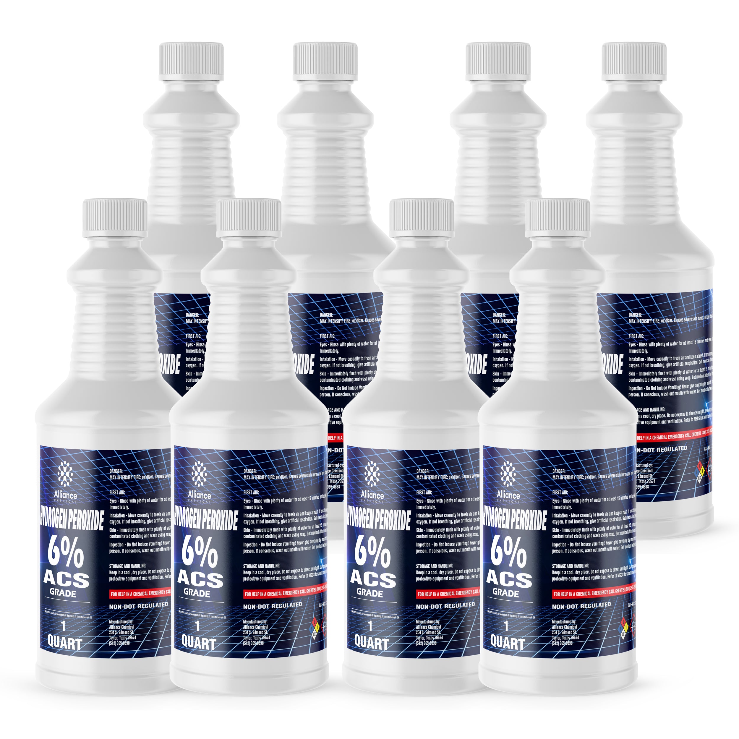 1-quart bottles of 6% ACS-grade Hydrogen Peroxide in clear HDPE containers with blue labels, Non-DOT regulated, Alliance Chemical brand.